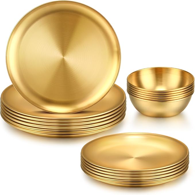 Layhit 18 Pcs Gold Stainless Steel Dinnerware Set 10'' Metal Gold Dinner Plates 8'' Thickened Dinner Dishes 3.5'' Sauce Bowls Stackable Dishware for Kitchen BBQ Party Picnic Service for 6
