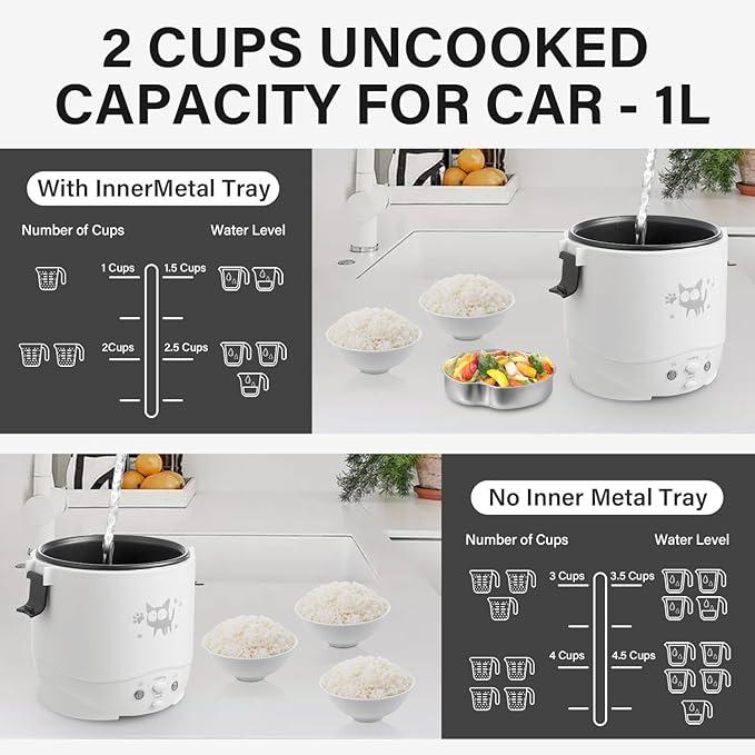 OSBA Mini Rice Cooker 1L Small Rice Cooker 2 Cup-uncooked Travel Rice Maker 12V for Car with Steamer Auto Keep Warm Suitable For 1-2 People White