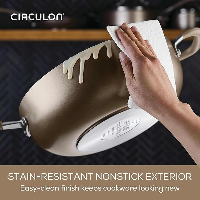 Circulon A1 Series with ScratchDefense Technology Nonstick Induction Pots and Pans Metal Utensil Safe Includes Splatter Guard Slotted Turner and Silicone Trivets 10 Piece Cookware Set - Champagne