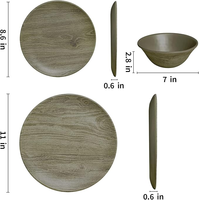 TP 18-Piece Dinnerware Set Melamine Dishes Set with Bowls and Plates Service for 6 Non-breakable Lightweight Dining Tableware Grayish-brown Wood Grain