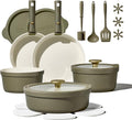 Carote 21pcs Ceramic Cookware Set with Detachable Handles Pots and Pans Set Non Stick RV Kitchen Cooking Pot and Pan Dishwasher Safe Non-toxic Induction Cookware PFAS and PFOA Free Olive Green