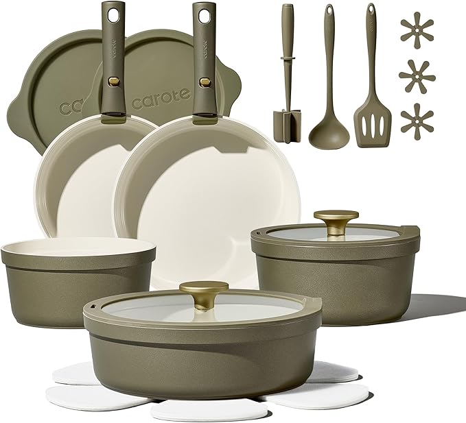 Carote 21pcs Ceramic Cookware Set with Detachable Handles Pots and Pans Set Non Stick RV Kitchen Cooking Pot and Pan Dishwasher Safe Non-toxic Induction Cookware PFAS and PFOA Free Olive Green