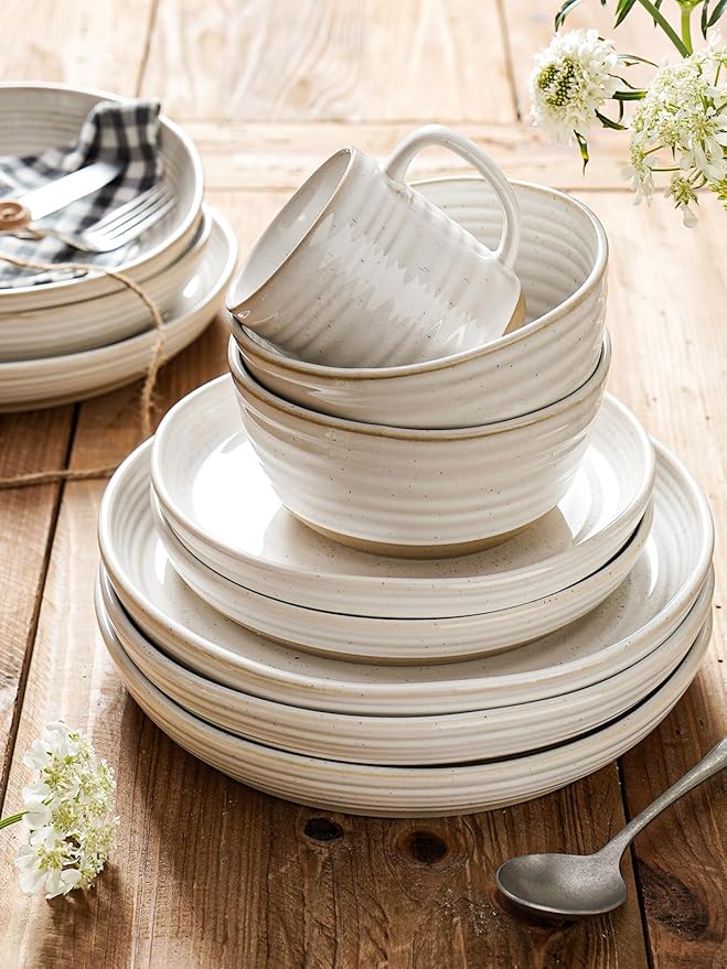LE TAUCI Dinnerware Sets 16 PCS Stoneware Plates and Bowls Set House Warming Wedding Present Serve for 4 (10 Dinner Plates + 8 Salad Dish + 28 oz Cereal Bowl+12oz coffee mugs) x 4 Arctic White