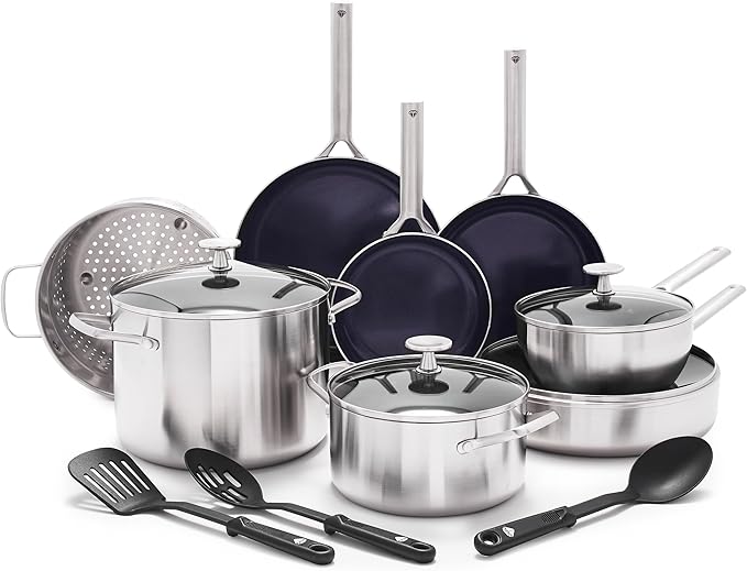 Blue Diamond 15 Piece Stainless Steel Tri-Ply Cookware Pots and Pans Set Induction Compatible Diamond Infused PFAS-Free Ceramic Nonstick Dishwasher &amp Metal Utensil Safe Scratch Resistant Silv