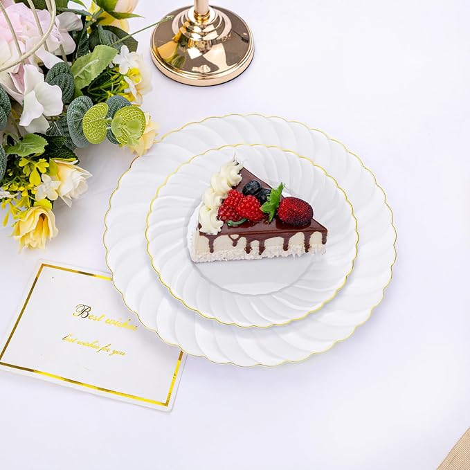 U-QE 100 Pieces Gold Plastic Plates - Premium White Plastic Plates for Party Wedding and Daily Use Including 50PCS 9 '' Plastic Dinner Plates &amp 50PCS 6.5 '' Plastic Dessert Plates