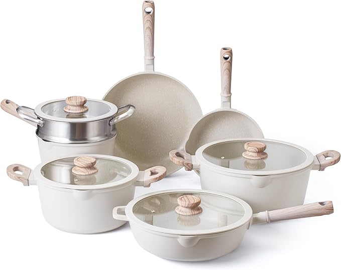 Country Kitchen Non-Stick Cast Aluminum Cookware Set - Durable Kitchen Cookware for Everyday Cooking Cream Round Handle 11 Pc.