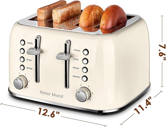 Roter Mond Toaster 4 Slice Retro Stainless Steel with Extra Wide Slots Bagel Defrost Reheat Function Dual Independent Control Panel Removable Crumb Tray 6 Browning Levels Cream White
