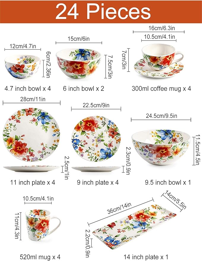 Palace Style 24 Piece Porcelain Dinnerware Set Service for 4 Plates and Bowls Sets Ceramics Dishes Dinnerware Sets with Dinner Plates Dessert Plates Bowls