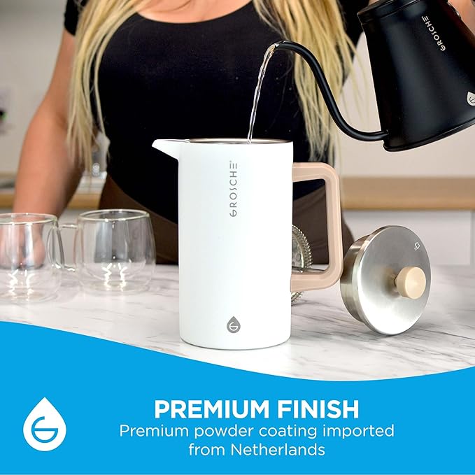 GROSCHE Dub'lin Stainless Steel Coffee Maker French Press 8 Cup | 34 FL Oz Coffee Press 18/8 Double Walled Stainless Steel French Press Coffee Maker - Hot/Cold Brew | Stainless French Press - WHITE