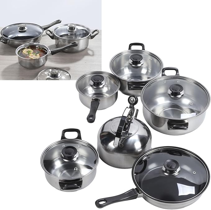 Stainless Steel Cookware Set with Plastic Black Handles Includes Saucepan Stock Pots Non Stick Frying Pan Tea Kettle Complete Kitchen Solution