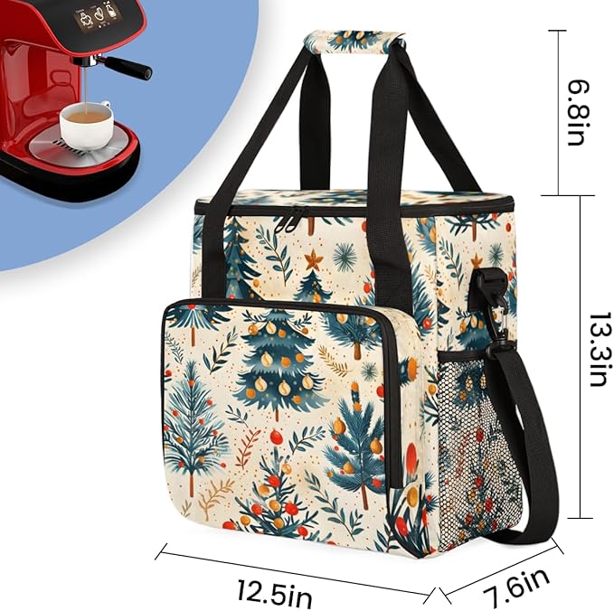 Bright Xmas Tree Coffee Maker Carrying Bag Portable Travel Storage Tote Bag Compatible with K-Mini or K-Mini Plus Single Serve Coffee Brewer Carrying Case with Multiple Pockets &amp Shoulder Strap