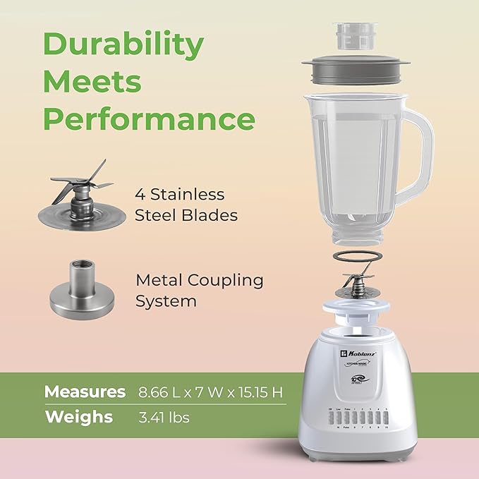 Koblenz 42 oz Plastic Jar Blender 10 Speed and 2 Pulses Countertop Blender with Stainless Steel Blades Perfect for Shakes and Smoothies 500-Watt Motor White LKM-5510 PB