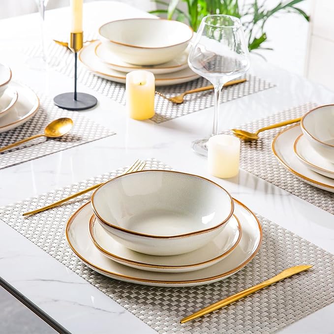 AmorArc 24PCS Ceramic Dinnerware SetsHandmade Reactive Glaze Plates and Bowls SetsHighly Chip and Crack Resistant | Dishwasher &amp Microwave Safe Dishes Set Service for 6
