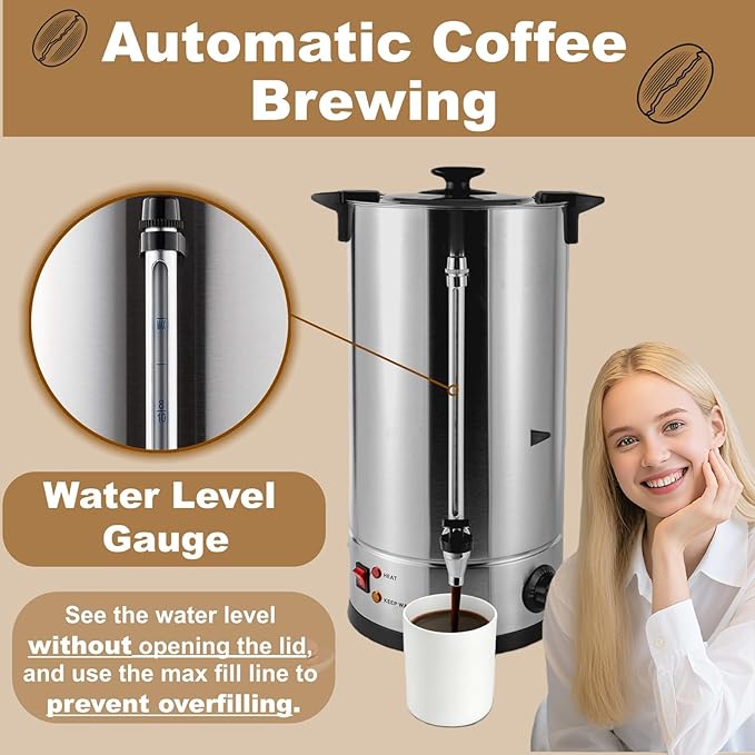 16L Coffee Maker Stainless Steel 100-Cup Large Commercial Coffee Machine Quick Brew 30-100℃ Double Wall Cafe Percolator Hot Water Urn for Catering Offices Church