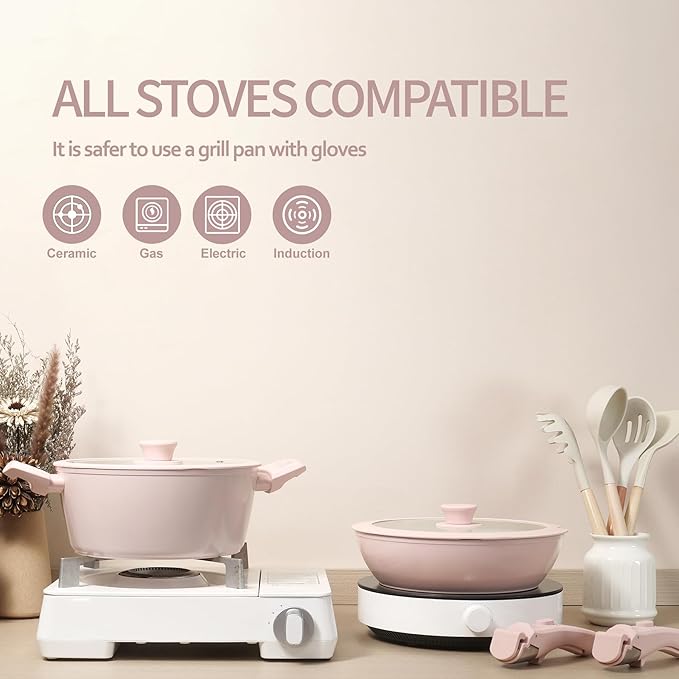 31pcs Ceramic Pots and Pans Set Nonstick Detachable Handle Cookware Induction Kitchen Cooking Set with Removable Handleinclude Frying Pans &amp Saucepans Oven Safe(Pink)
