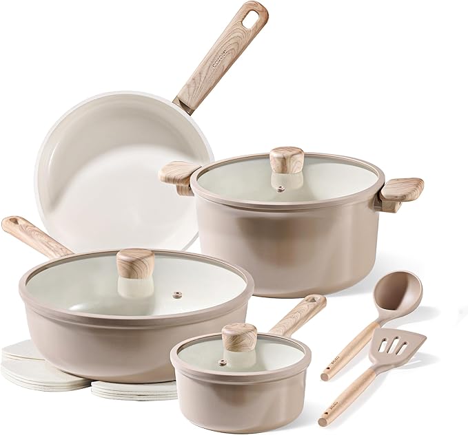 CAROTE 12Pcs Ceramic Pots and Pans Set Non Stick Healthy Cookware Set PFAS/PFOA Free Kitchen Cooking Set with Frying Pans Taupe