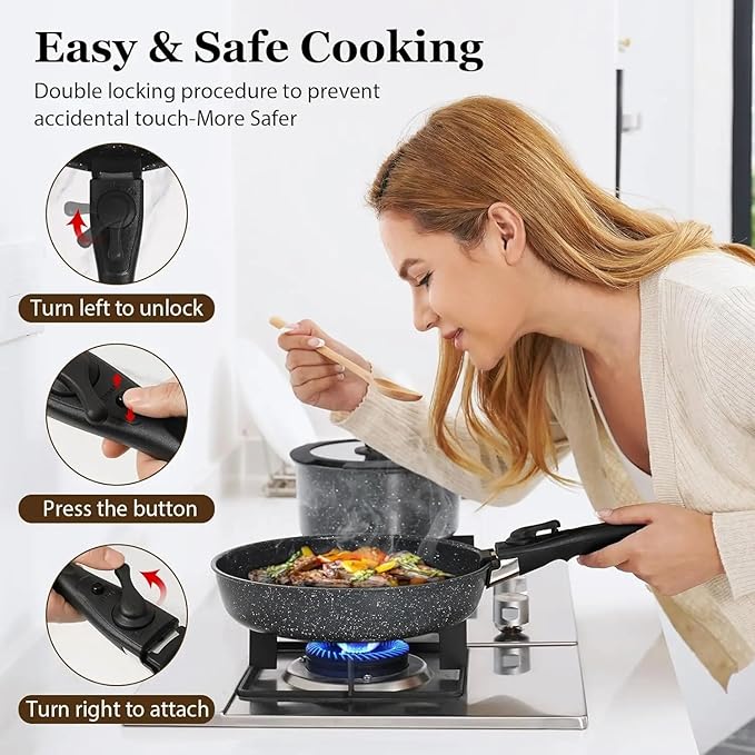 Black 15Pcs Pots and Pans Set Nonstick Kitchen Cookware Set with Removable Handle Stackable Healthy Non Stick Cookware Set Oven Safe &amp PFOA Free