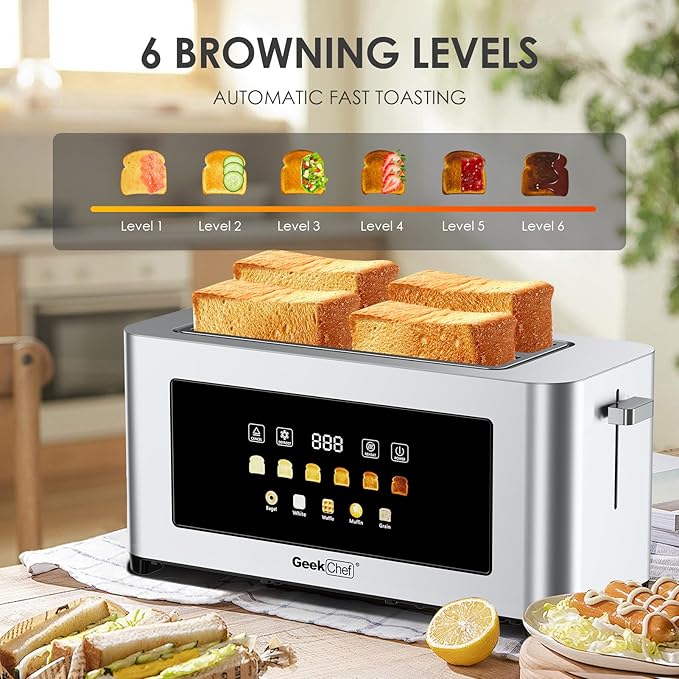 Geek Chef Toaster 4 Slice Long Slots 1.5 Extra Wide Slots for Bagels &amp Waffles TouchScreen 6 Browning Levels Timer Defrost Cancel Function Auto Shut-Off Removable Crumb Tray Stainless St