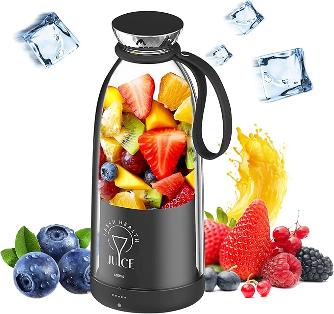 Portable Blender 500ML Personal Blender for Shakes and Smoothies Traveling Fruit Veggie Juicer Cup USB Rechargeable with Six Blades for Sports Travel and Outdoors (black)