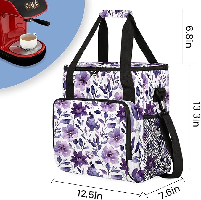 Flower Purple Coffee Maker Carring Bag Large Insulated Storage Organizer Case Tote Bags with Shoulder Strap for Travel Work Picnic