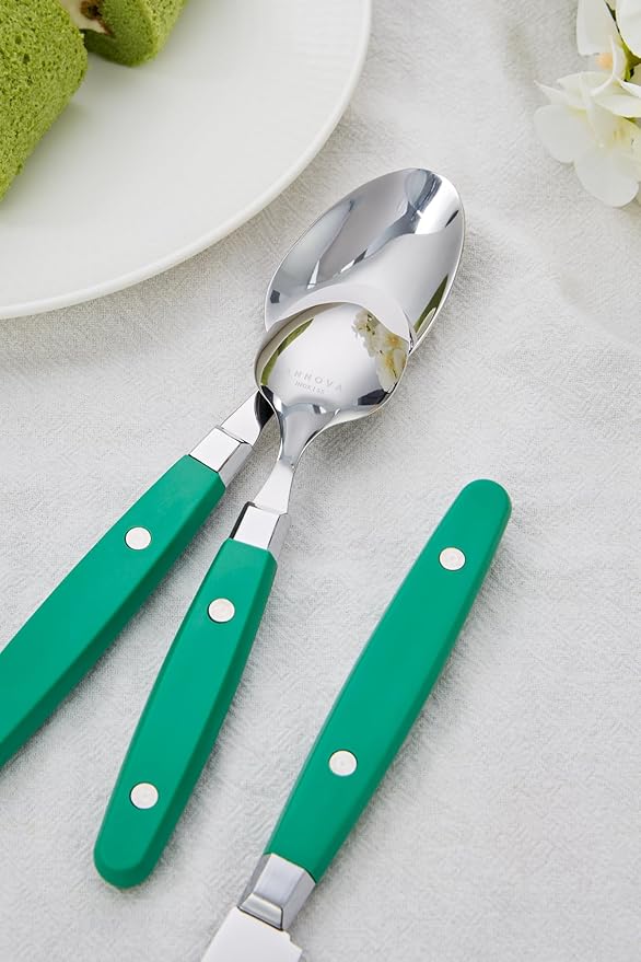 ANNOVA Silverware Set Retro/Rivet Colorful Stainless Steel Tableware Kitchen Flatware Set Utensils Includes Dinner Knives Forks Spoons Salad Forks &amp Dessert Spoons (Green 20 Pieces)