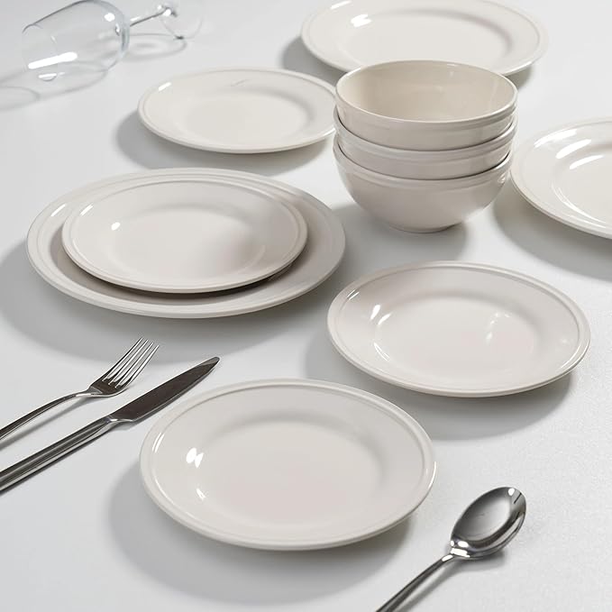 12-Piece White Stoneware Dinnerware Set Service for 4 Microwave &amp Dishwasher Safe Ceramic Plates and Bowls Set Durable Everyday Dishes for Home Kitchen