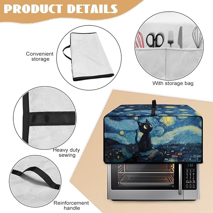 Starry Cat Print Toaster Oven Dust Cover Heavy Duty Bread Maker Machine Covers Machine Washable Small Kitchen Appliance Dust Covers with Accessory Pockets L