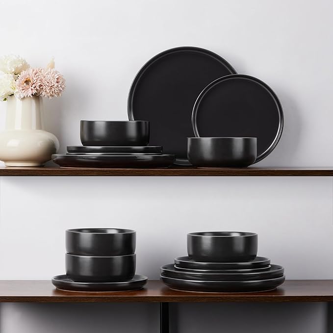 E-far Stoneware Dinnerware Sets for 6 18-Piece Plates and Bowls Set Modern Ceramic Dishes Dinning Ware Microwave &amp Dishwasher Safe - Matte Black