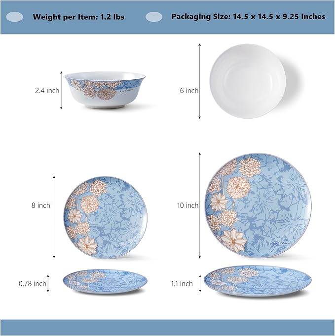 High Bone China Dinnerware Set 12-Piece Artistic Blue Plates and Bowls Lightweight &amp Chip Resistant Ceramic Service for 4 Dishwasher Safe Elegant Kitchen Dining