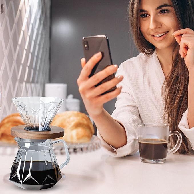Pour Over Coffee Maker Set 21 oz/620ml Glass Pour Over Coffee Dripper Filter Coffee Maker Kit Manual Grinder with Walnut Handle for Home Office Cafe Restaurant Camping (Grey)