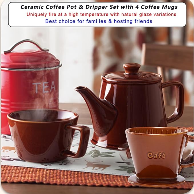 Wild Lily's Spring 22 Oz Vintage Ceramic Pour Over Coffee Maker Set with 4 Coffee Mugs Ceramic Coffee Pot &amp 3-Hole Dripper Set Perfect for 3-4 People at Home in Cafés and Restaurants (Caramel)