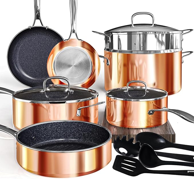 Deluxe DUXANO 14PC Healthy Pots and Pan With 9H Anti-scratch Coating 2-Layer Non-Stick Ceramic&ampPFAS Free Sensitively&ampEvenly Induction Cooking Enhanced Flavor with Infrared Cookware Dishwas
