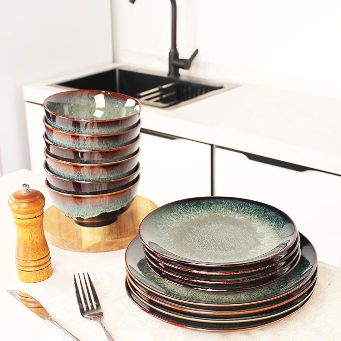 Dinner Set 12 Pieces - Round Reactive Glaze Tableware - Kitchen Dinnerware Porcelain Crockery with Dinner Plate Bowl and Soup Plate Service for 4 Microwave Dishwasher Safe Set (No.2)