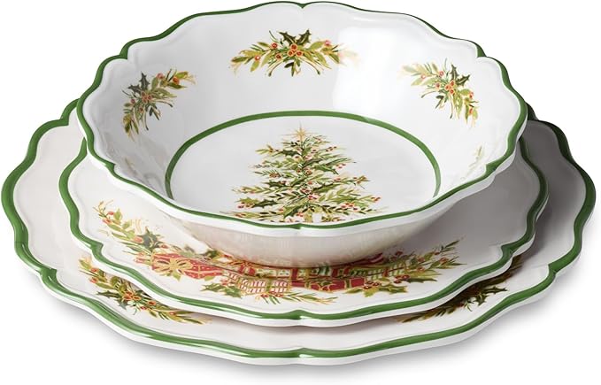 Holly Tree Holiday 12pc Dinnerware Set – Festive Melamine Plates and Bowls for Christmas Entertaining Indoor/Outdoor Use Break-Resistant and Dishwasher Safe