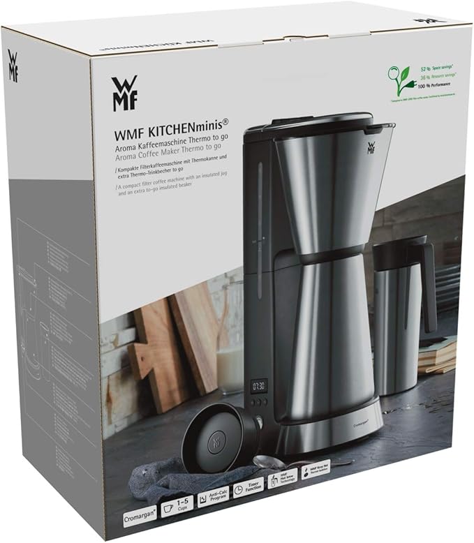 WMF KITCHENminis 0412260011 Aroma Filter Coffee Maker Thermo-To-Go Compact Insulated Jug and Takeaway Mug Cromargan High Quality 760 W Up to 5 Cups