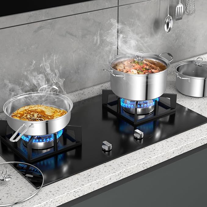 Giantex 12-Pcs Pots and Pans Set Non Stick Non-toxic Kitchen Set w/Tempered Glass Lids &amp Stay-Cool Handles Induction RV Cooking Set Stainless Steel Cookware Set Compatible with All Cooktops