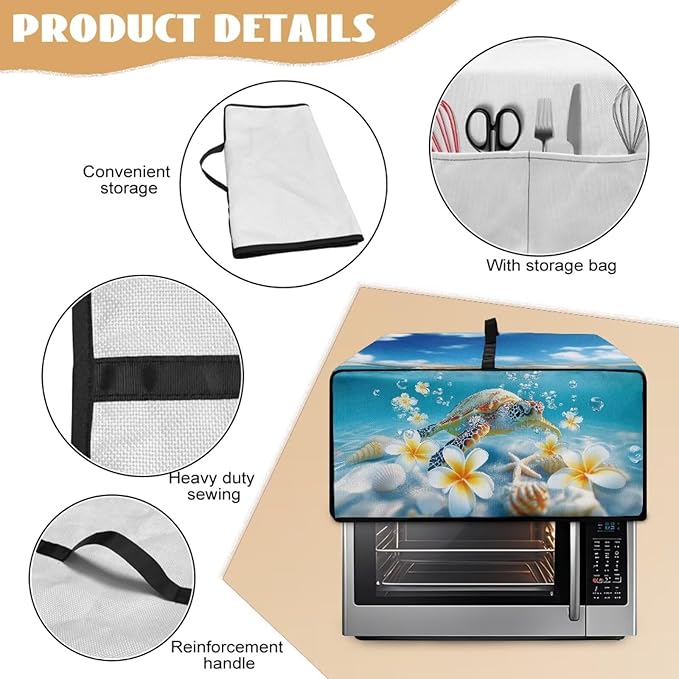Sea Turtle Print Toaster Oven Air Fryer Cover Plumeria Starfish Print Bread Maker Machine Covers with Side Pockets Kitchen Small Appliance Cover M