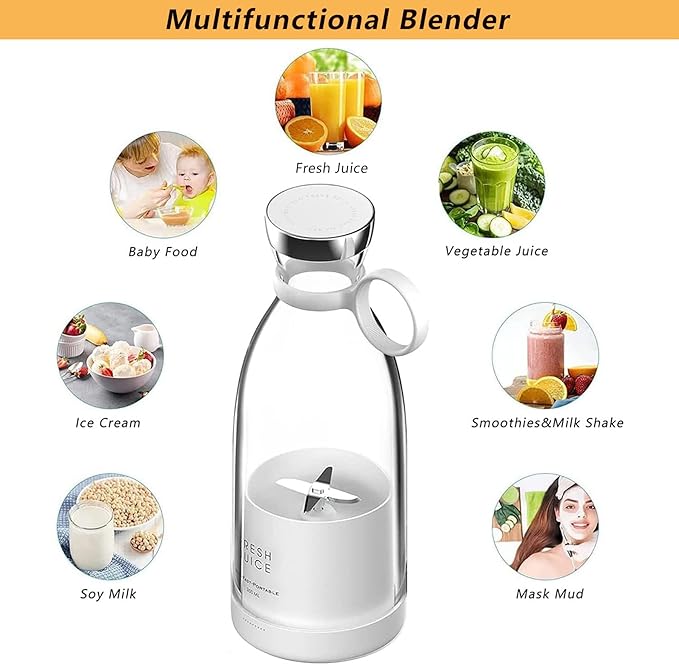 Personal Portable Blender 350ml USB Rechargeable Smoothie Maker with Stainless Steel Blade BPA-Free &amp Easy Clean Compact Travel Cup for Gym Office Home (White).
