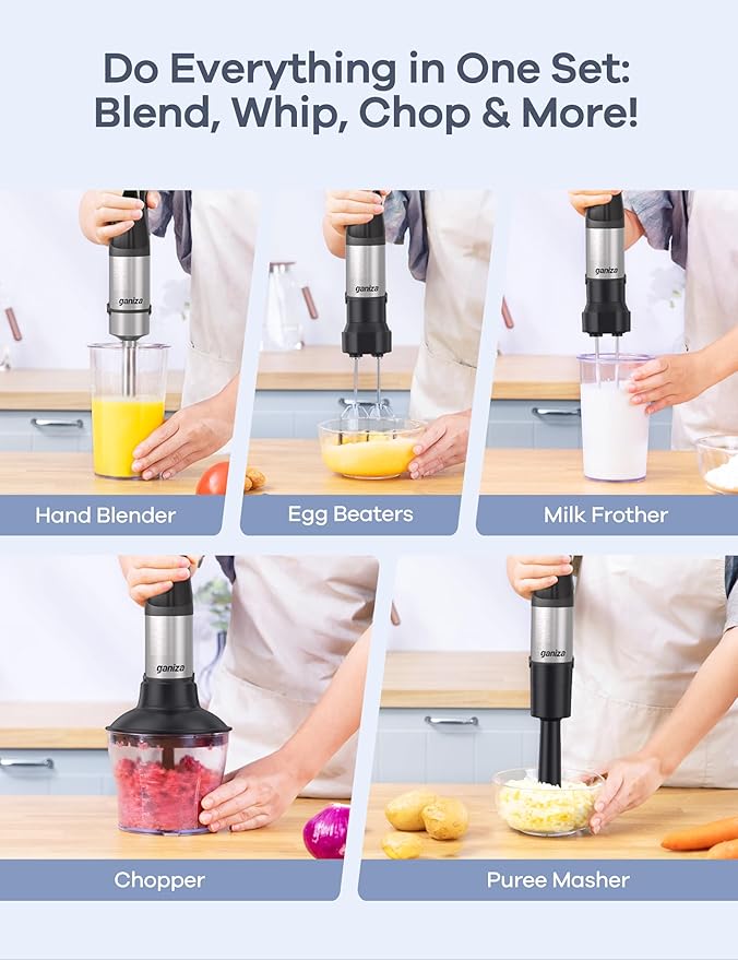 Ganiza Immersion Blender Max 1200W Heavy Duty Hand Blender with Time Display &amp Variable Speed Trigger 9-in-1 Electric Handheld Mixer with Chopper Whisk Frother Beaker Ideal for Soup Puree Smooth