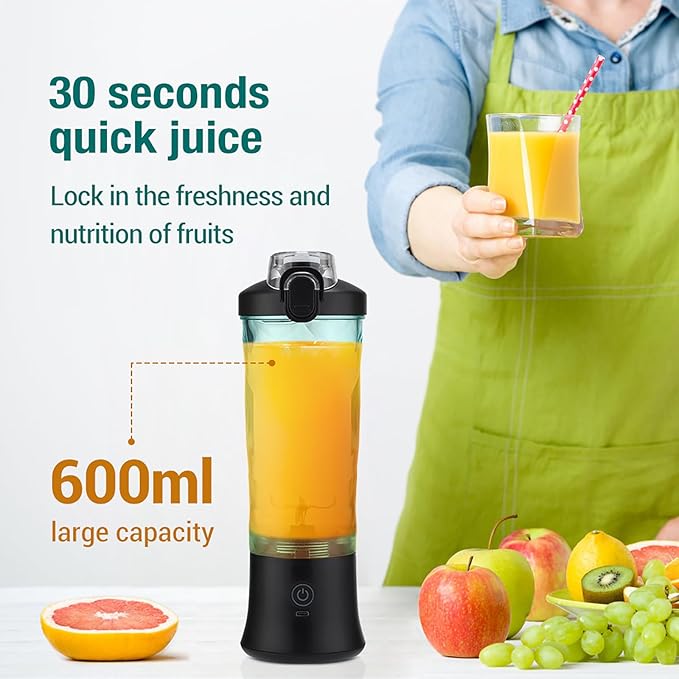 Personal Juicer Cup Portable Mini Smoothie Blender with 600ml Large Capacity and 6-Blade 2 Modes Adjustable and Rechargeable Precise Structure for Barbecues Travel Sports Picnic