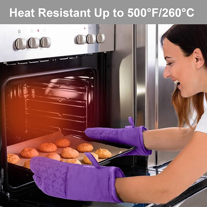 KEGOUU Oven Mitts and Pot Holders 6pcs Set Kitchen Oven Glove High Heat Resistant 500 Degree Extra Long Oven Mitts and Potholder with Non-Slip Silicone Surface for Cooking (Purple)