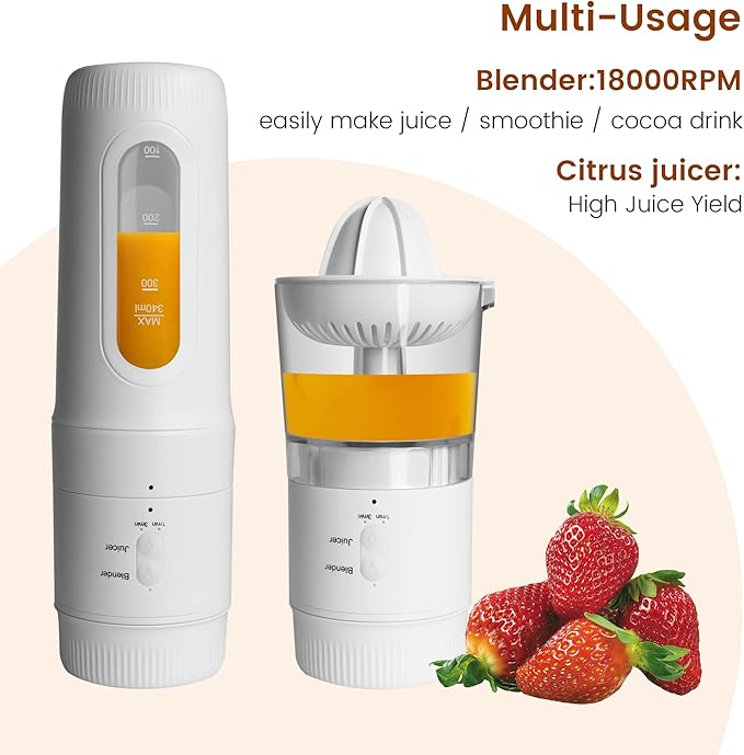 Hakka Portable Blender 3 in 1 Personal Blender for Shakes and Smoothies 12oz Multifunctional Juicer Cup with 4 Blades &amp USB Type-C Rechargeable White
