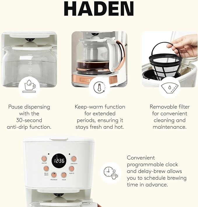 Haden Heritage 2 Slice Wide Slot Stainless Steel Toaster Bundled with 12 Cup Programmable Drip Coffee Maker Coffee Machine Ivory &amp Copper