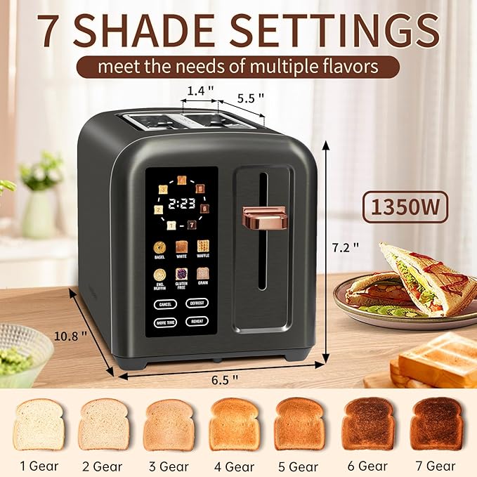 SEEDEEM Toaster 2 Slice Touch Control Stainless Toaster LCD Display 50% Faster Heating Speed 1.4'' Wide Slots More Timer Functions Removable Crumb Tray 1350W Dark Metallic