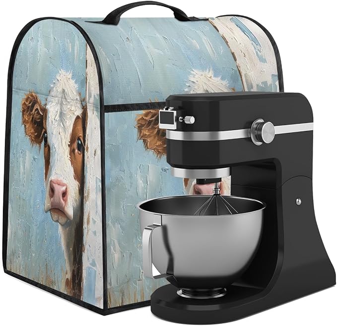 Kitchen Aid Mixer Cover Oil Painting Funny Cows Stand Mixer Cover Compatible with 6-8 Quarts Stand Mixers Dust Covers with Zipper Pocket Foldable Washable Kitchen Aid Organizer Bag