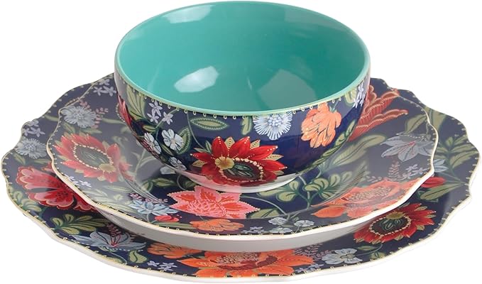 222 Fifth 12-Piece Porcelain Dinnerware Set for 4 White &amp Parisian Blue Plates and Bowls Set with Gold Rim Glossy Ceramic Dish Set with Detailed Floral Design Microwave &amp Dishwasher Safe C
