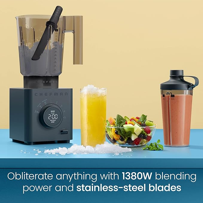 Chefman Obliterator 48 oz Countertop Blender for Smoothies 1380W Motor to Crush Ice Nuts and Frozen Fruit with Stainless Steel Blade Blender Pack Includes Two 20 oz. Travel Jars - Midnight