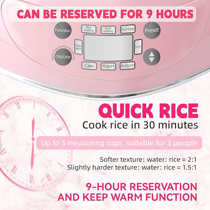 Peach Heart Shape Rice Cooker 8 Cup Cooked 4 Cup Uncooked Rice Multifunctional Pink Rice Cooker 300w with Preset Timer 1.8L