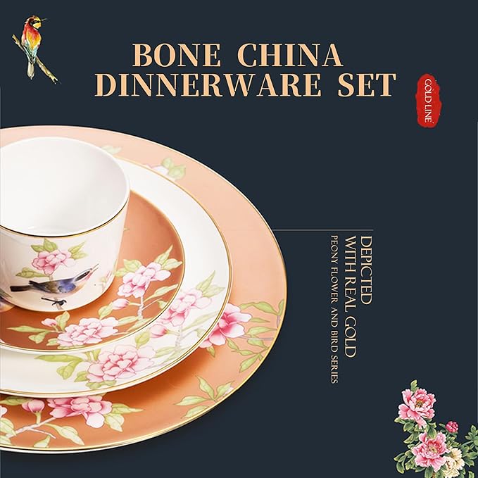 16-Piece Dinnerware Sets Round Dinner Plates Coffee Cup and Saucer Set bird and flower pattern dishes set Scratch Resistant Lead-Free Oven and Dishwasher Safe