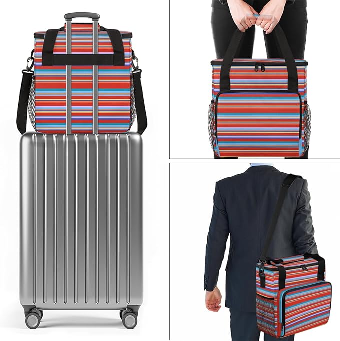 Red and Blue Stripes Coffee Maker Carrying Bag Portable Travel Storage Tote Bag Compatible with K-Mini or K-Mini Plus Single Serve Coffee Brewer Carrying Case with Multiple Pockets &amp Shoulder St